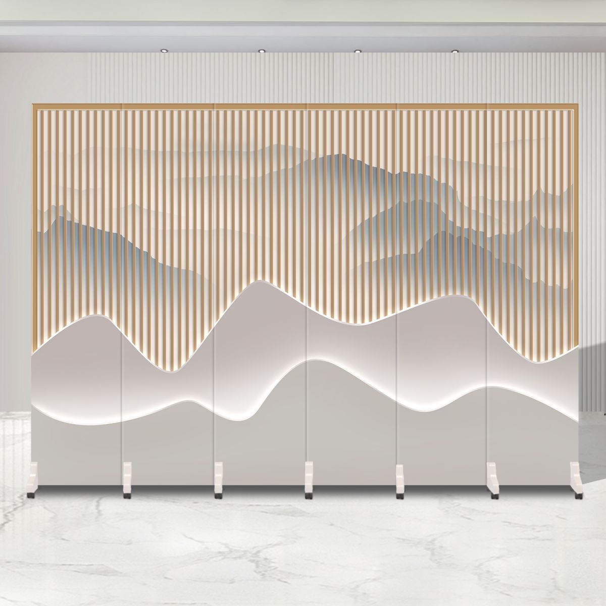 Indoor Opaque Folding Natural Wood Temporary Wall Panels with 6 Panels, Double Sided Print, and Self-supporting Design