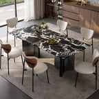 Trendy Marble Top Dining Table with Stainless Alloy Double Pedestal Base, Fixed Table in Glossy Black, Scratch-immune, Seating for 6/4-person Seating/8 People