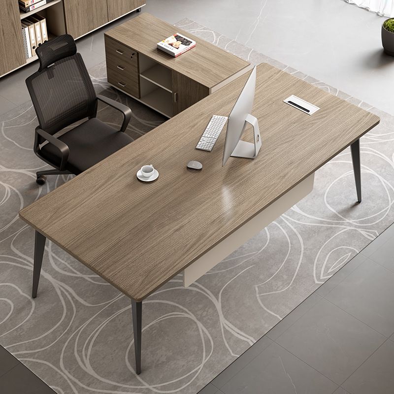 Office Desk in Modish Style with Scratch-proof Parsons Base, Cable Management, Sepia Laminate Top, and Front Splash