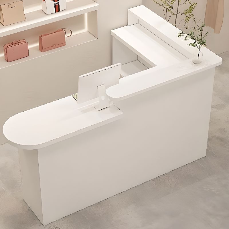 L-Shape Reception Desk with Cabinet, Hutch, Desk Return, Wood Color Top, Filing Cabinet, and Manufactured Wood Top