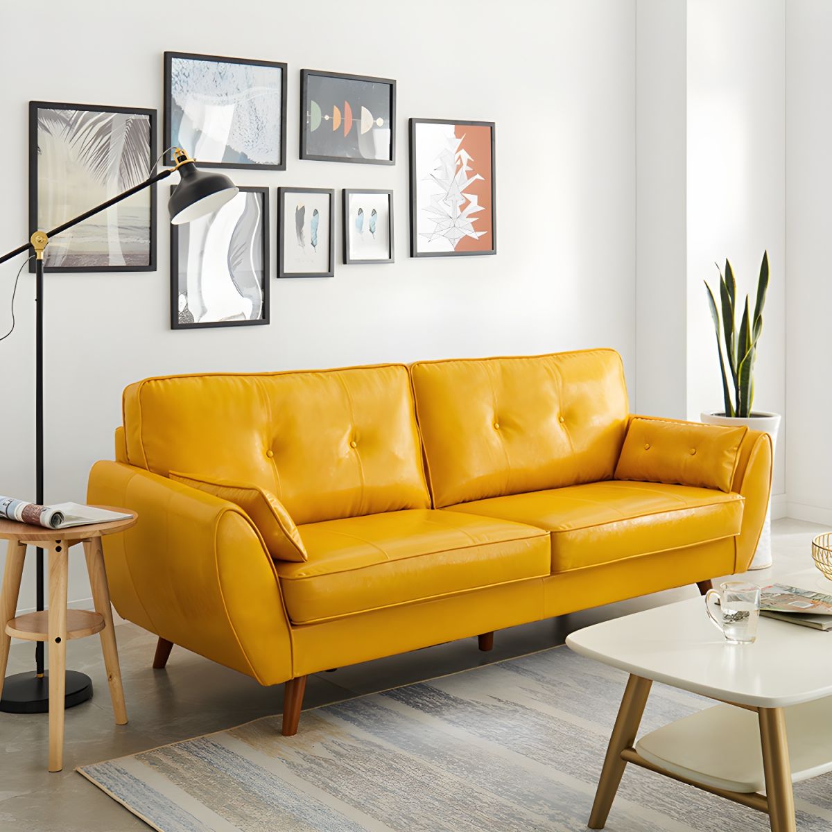 Modern Leather Sofa Flared Arm Button-tufted Loose Back Sofa for Living Room Bedroom