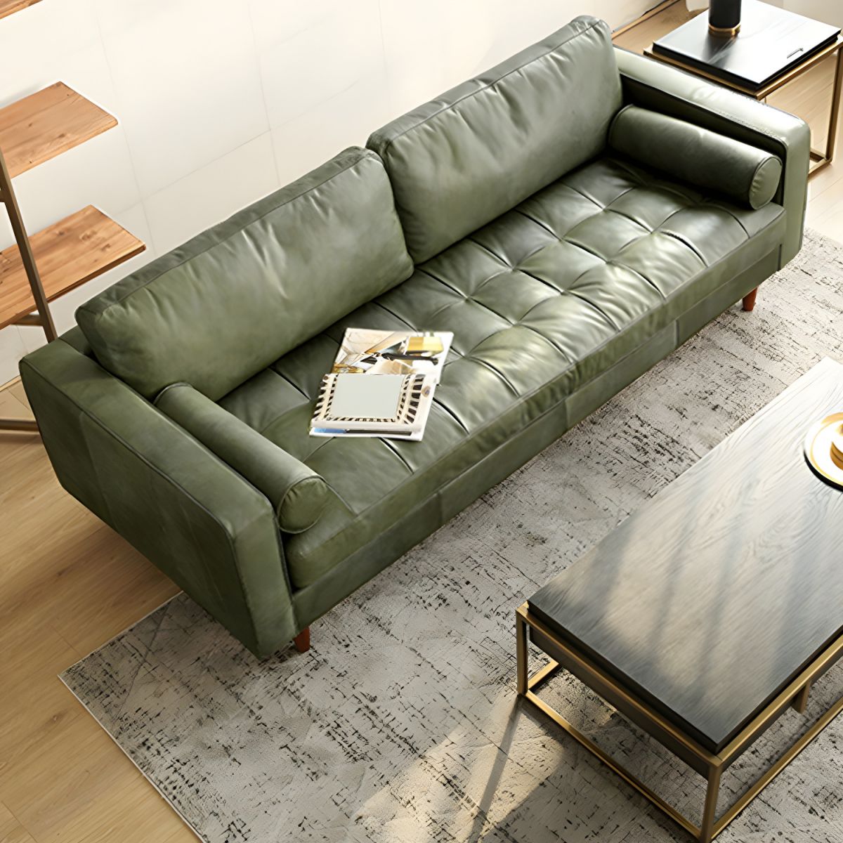 Craftsman Faux Leather Square Tufted Sofa for Living Room 65H