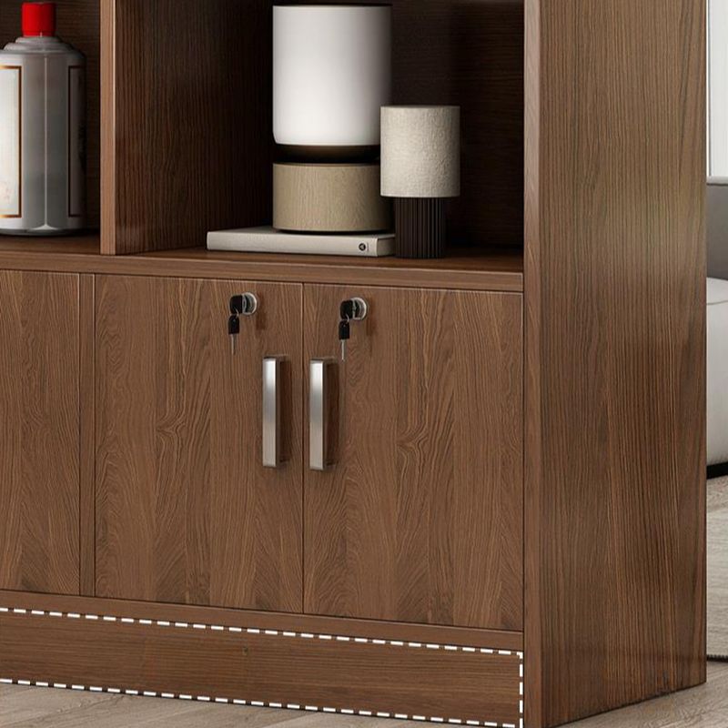Sepia Flooring Display Stand with 5 Shelves, Secured Cabinet, and Drawers