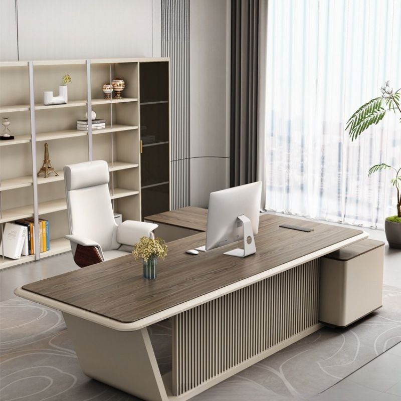 Scratch-proof Desk with 2 Drawers, Cabinet, Dual Footing Base, Exterior Shelf, Cable Management, Front Splash, and Cooling Hole