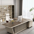 Scratch-proof Desk with 2 Drawers, Cabinet, Dual Footing Base, Exterior Shelf, Cable Management, Front Splash, and Cooling Hole