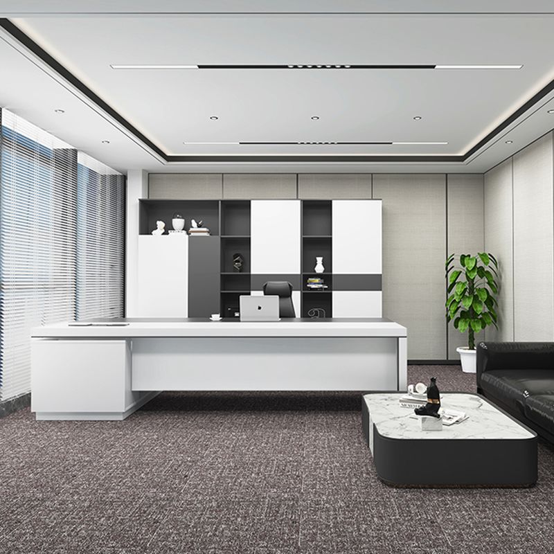 Modern Executive Desk with Drawers, Moth Proof, Cable Management, CPU Storage, White Top, Free Standing