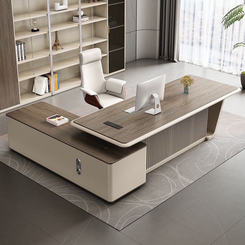 Scratch-proof Desk with 2 Drawers, Cabinet, Dual Footing Base, Exterior Shelf, Cable Management, Front Splash, and Cooling Hole