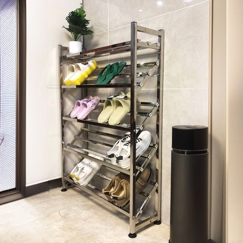 Modern Stainless Alloy Rectangle Silver Shoe Rack with 8 Shelves for 21-30 Pairs in Living Room