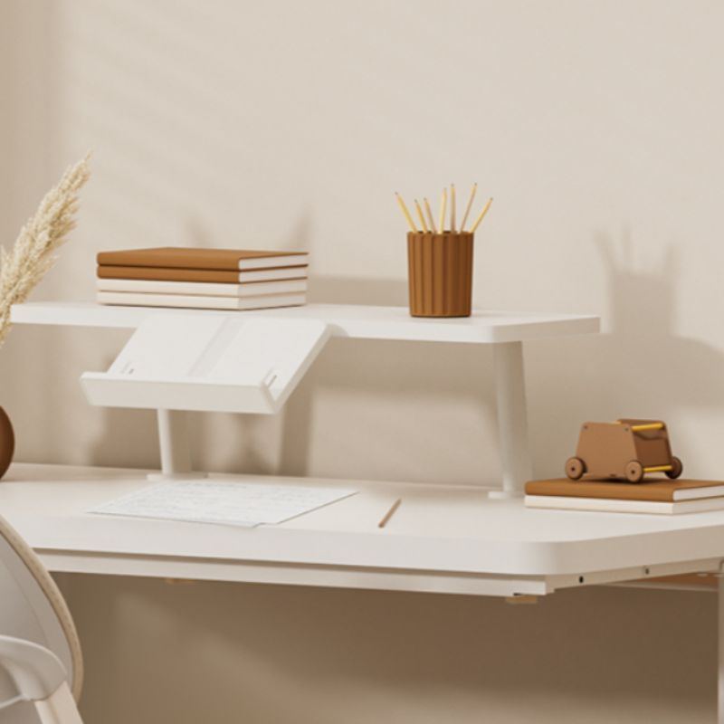 Bend-resistant Trestle Base Table with 1 Drawer, 1 Shelf, Manual Height Adjustment, Chalk Top, and Self-supporting Bookcase