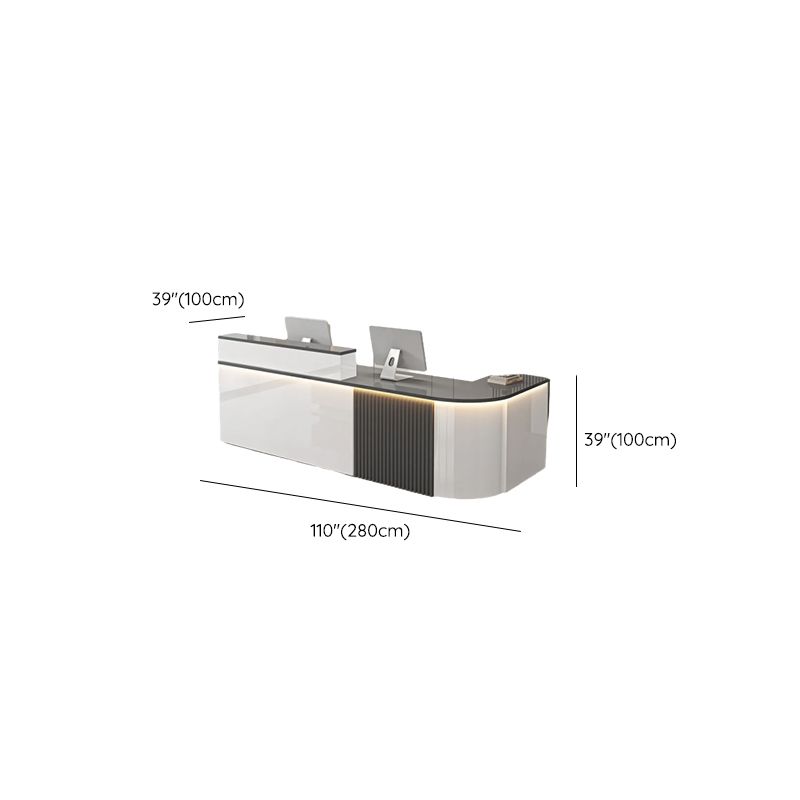L-Shape Manufactured Wood Top Reception Desk with Hutch, Desk Return, Filing Cabinet & Keyboard Tray
