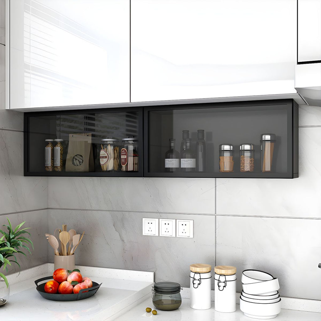 Contemporary Faux Wood Wall Mounted Display Cabinet with Glass Door