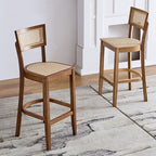 Casual Cane Bar Stools in Midnight Black/Caramel/Natural Color with Back, Quadrilateral Seat, and Leg Rest