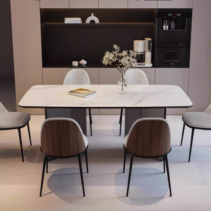 Simplistic Rectangular Dining Table with White Slate Top and Fixed Table