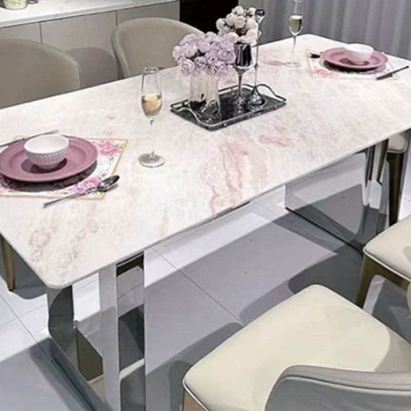 Natural Marble Dining Table in Modern Simple Style with Toboggan Base, Fixed Table, Chalk Top, 6-person Seating, Scratch Resistant, Mixed-material Design