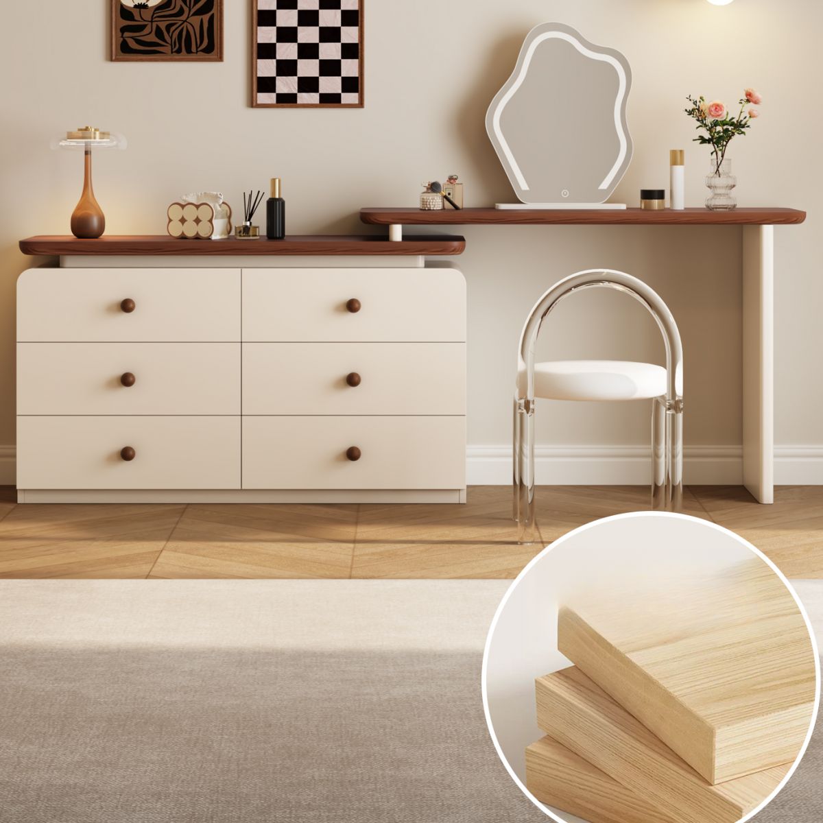 Modish Large/Standard Vanity Set with Natural Wood Table Top, White Chair, and 3 Drawers/6 Drawers