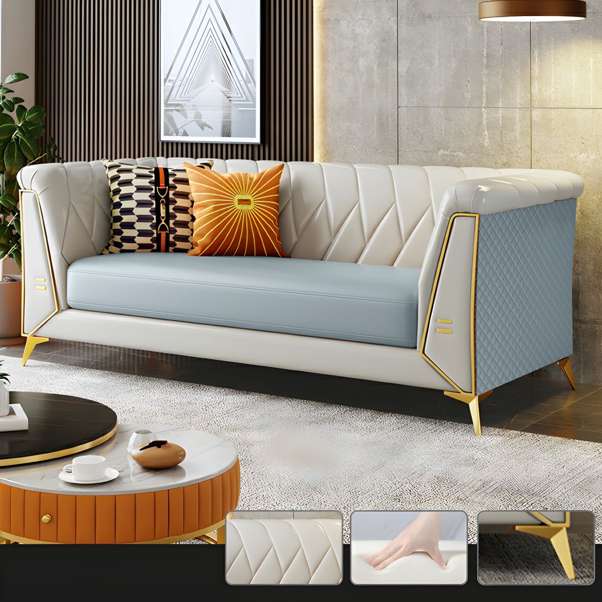 Glam Faux Leather Standard Sofa with Tuxedo Arms in Solid Color