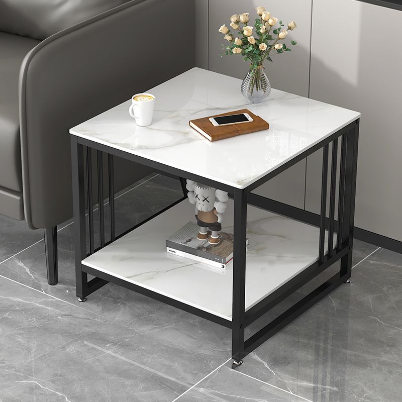 Contemporary Chairside Table Only with Light Gray Stone Top and 4 Legs, Rectangle/Square Shape with Shelf