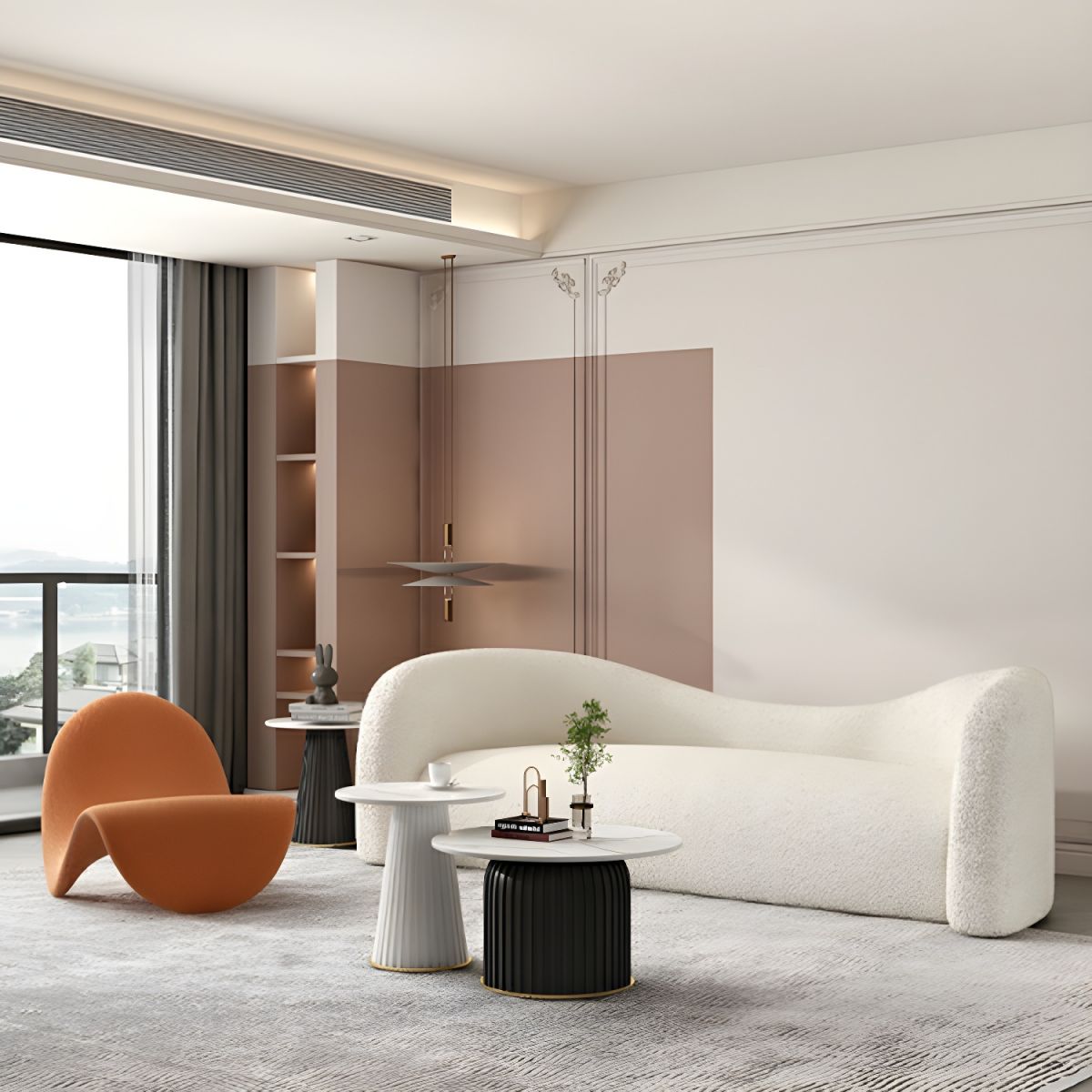 Modern Off-White Curved Sofa in Beige Sherpa Upholstery with Tuxedo Arm