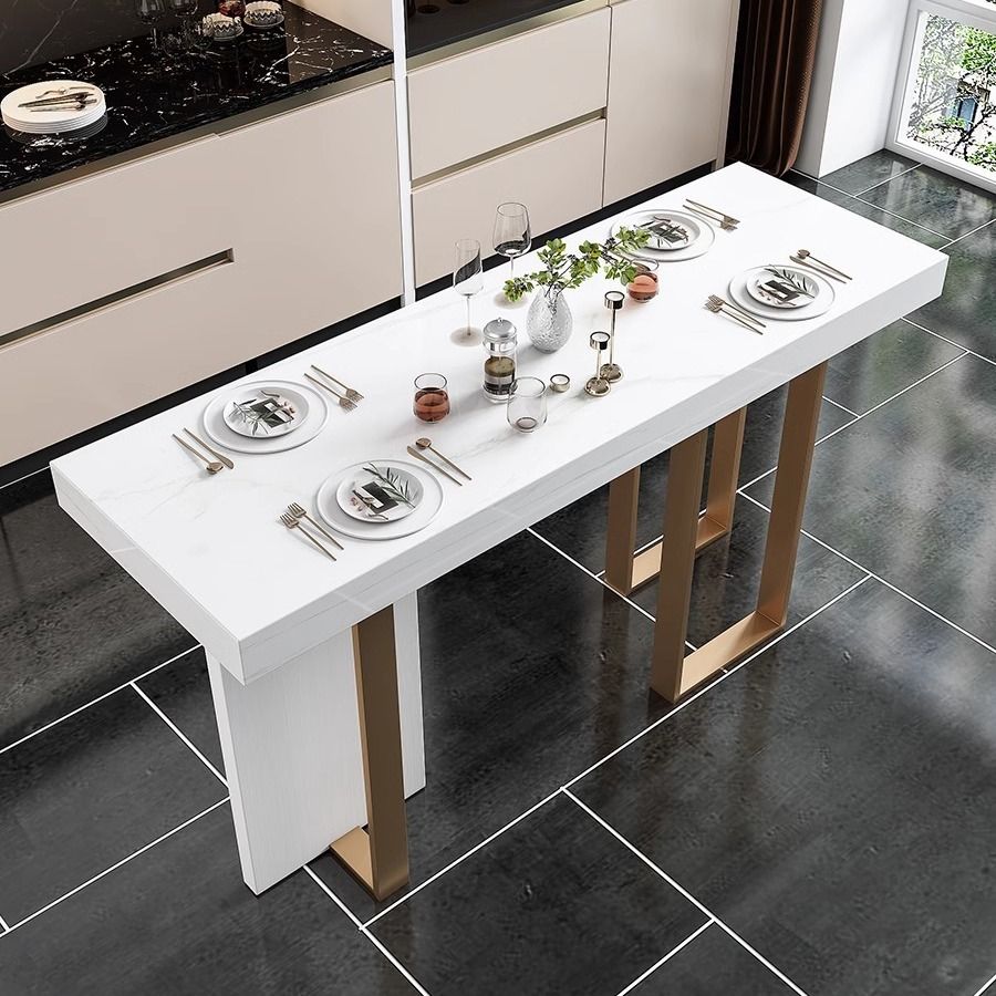 Luxurious High Top Table with White Marble Top, Dual Footing, Seating for 4/6/8, Chalk Color, Rectangle Shape