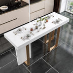 Luxurious High Top Table with White Marble Top, Dual Footing, Seating for 4/6/8, Chalk Color, Rectangle Shape