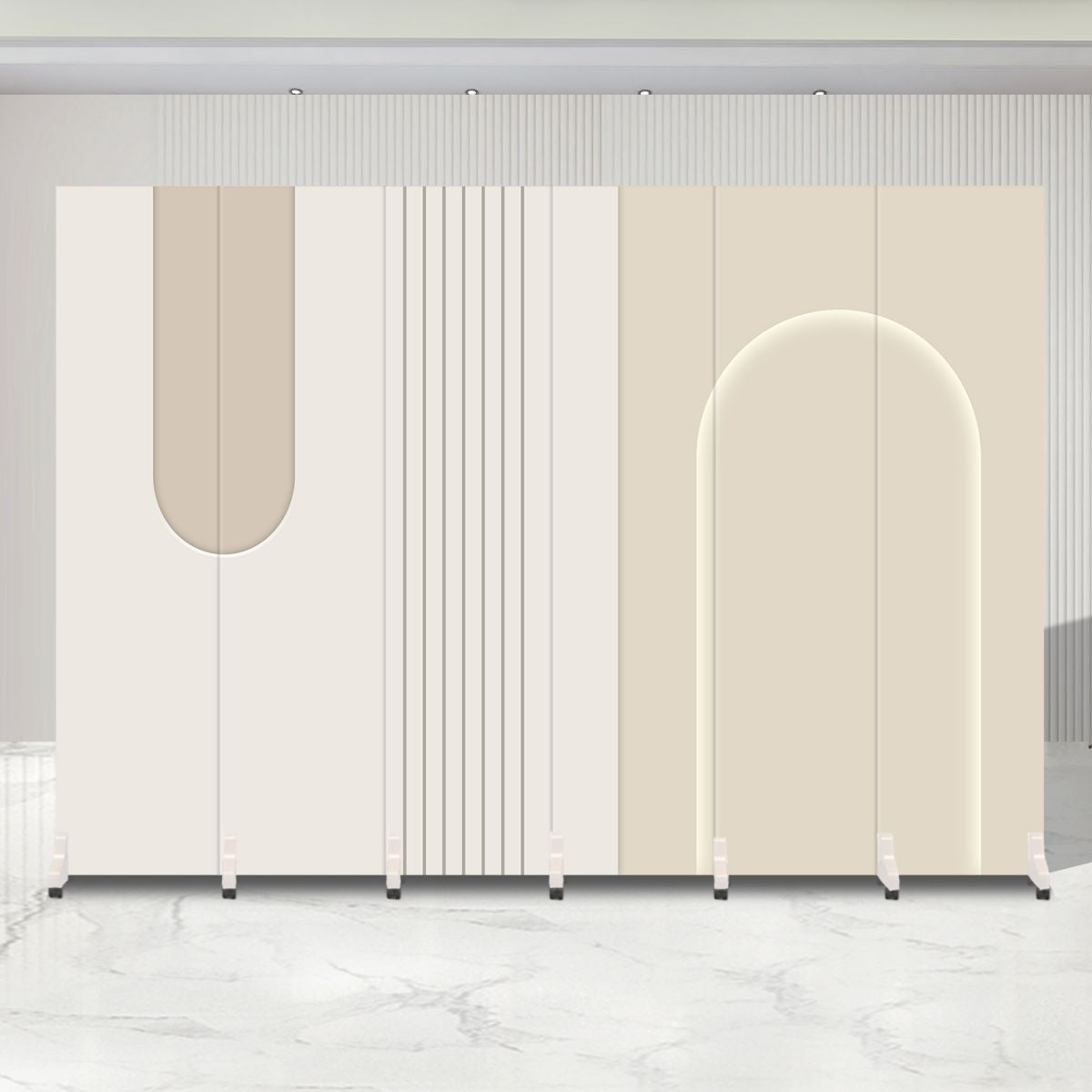 Indoor Opaque Folding Natural Wood Temporary Wall Panels with 6 Panels, Double Sided Print, and Self-supporting Design