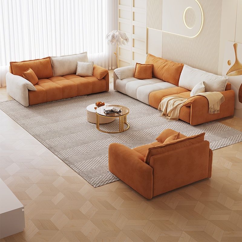 Contemporary Modern Stain Resistant Solid Color Standard Sofa in Off-White/Amber Flannel, Seats 4/3 with 2 Pillows