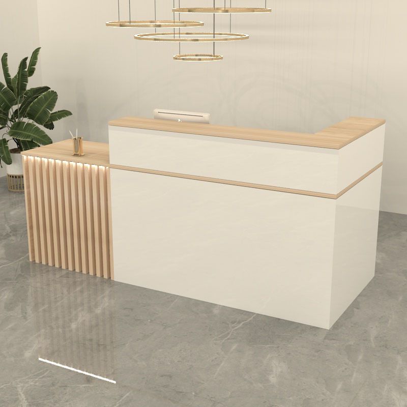 L-Shape Orange/Natural/Butter Color Reception Desk with Hutch, Locker, Locking Drawer and Desk Return, Keyboard Tray & Filing Cabinet Included