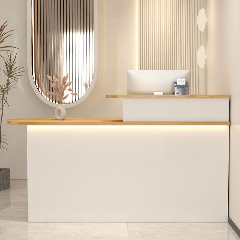 Rectangle Manufactured Wood Reception Desk with Stone Top, Locker, Keyboard Tray, and Filing Cabinet