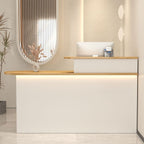 Rectangle Manufactured Wood Reception Desk with Stone Top, Locker, Keyboard Tray, and Filing Cabinet