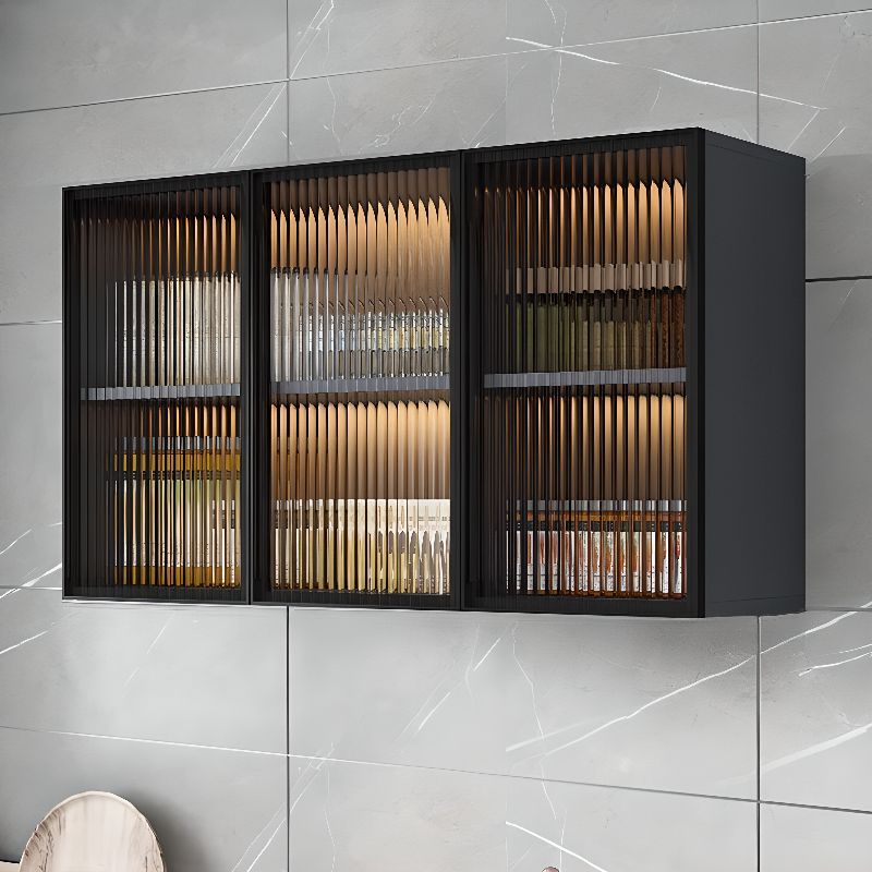 Glass Doors Solid Wood Wall Mount Display Stand with 2 Shelves for Small Kitchen in a Modish Style