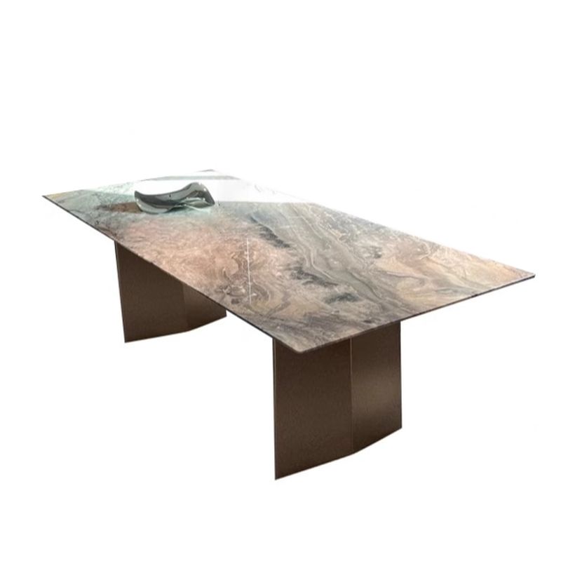 Casual Marble Dining Table with Stainless Alloy Base, Fixed Table Mechanism in Light Natural Brown, Scratch-shielded for 6-person Seat/8 People/4 People, Featuring Material Combination