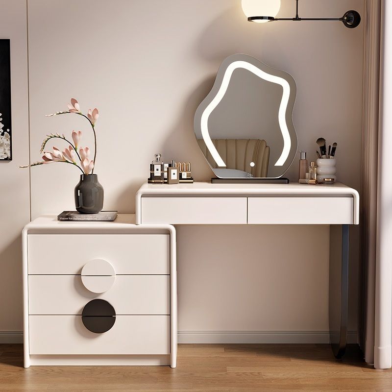 Chalk Modish Large Vanity Set with Natural Wood Table Top, 5 Drawers/8 Drawers, Light Up Mirror, No Suspension
