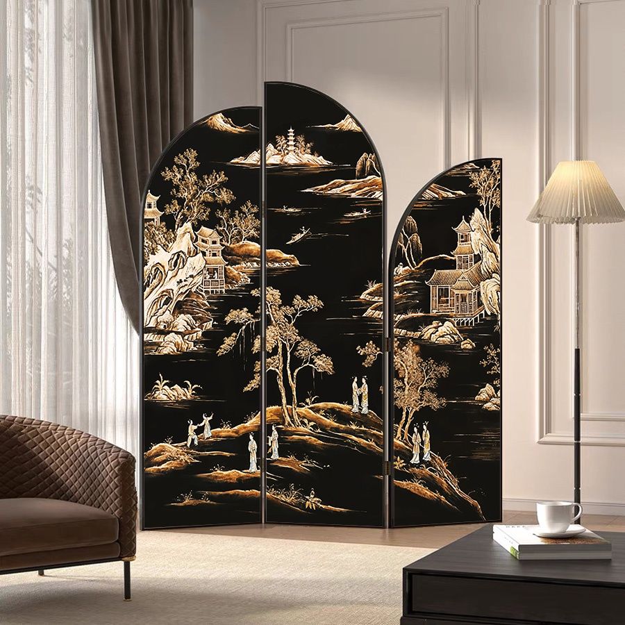 Minimalist Opaque Natural Wood Fold-up Screen Divider with 3 Panels, Double Sided Print, and Independent Design