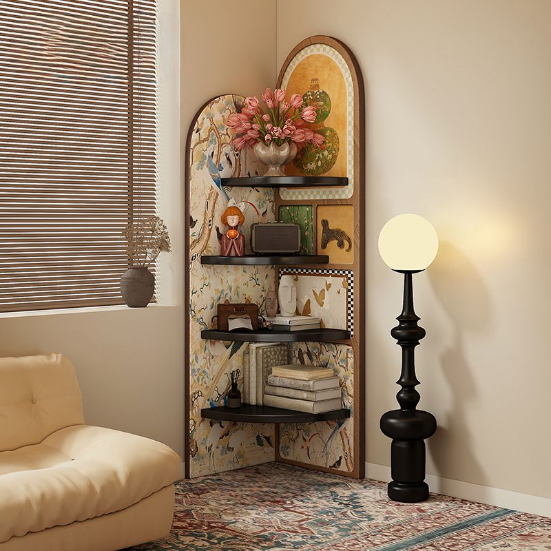 Modern Simple Style Nook Decorative Cabinet with 4 Exterior Shelves, Matte Black Natural Wood Top