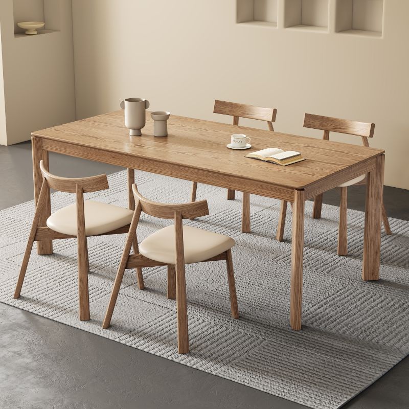 Modish Solid Wood Dining Table in Wood Color with Legs Base, Fixed Mechanism, Seats 6, and Solid Wood Tabletop