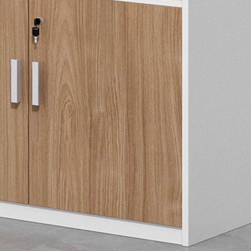 Casual Manufactured Wood Credenza with Shelf Unit and Locker, Featuring Locking Door and 4-Wide/2-Wide/3-Wide Compartments