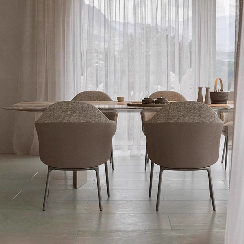 Casual Marble Dining Table with Stainless Alloy Base, Fixed Table Mechanism in Light Natural Brown, Scratch-shielded for 6-person Seat/8 People/4 People, Featuring Material Combination