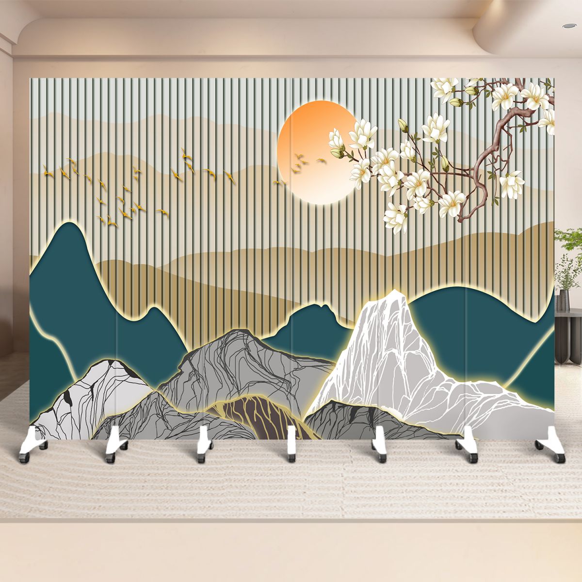 Indoor Opaque Collapsible Temporary Wall with Wheels, Natural Wood Frame, 6 Panels, and Double Sided Print