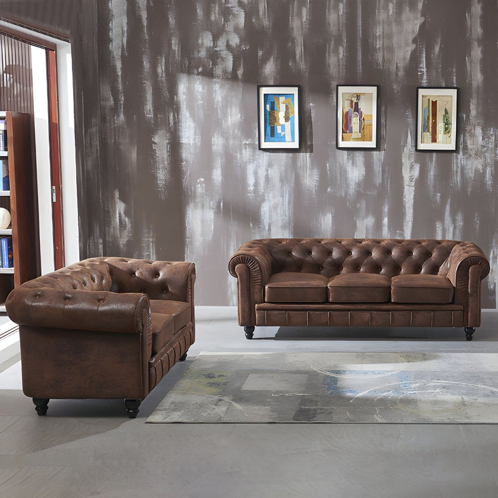 Chesterfield Dark Brown Sofa Apartment Tuxedo Arm Loveseat Genuine Leather Sofa