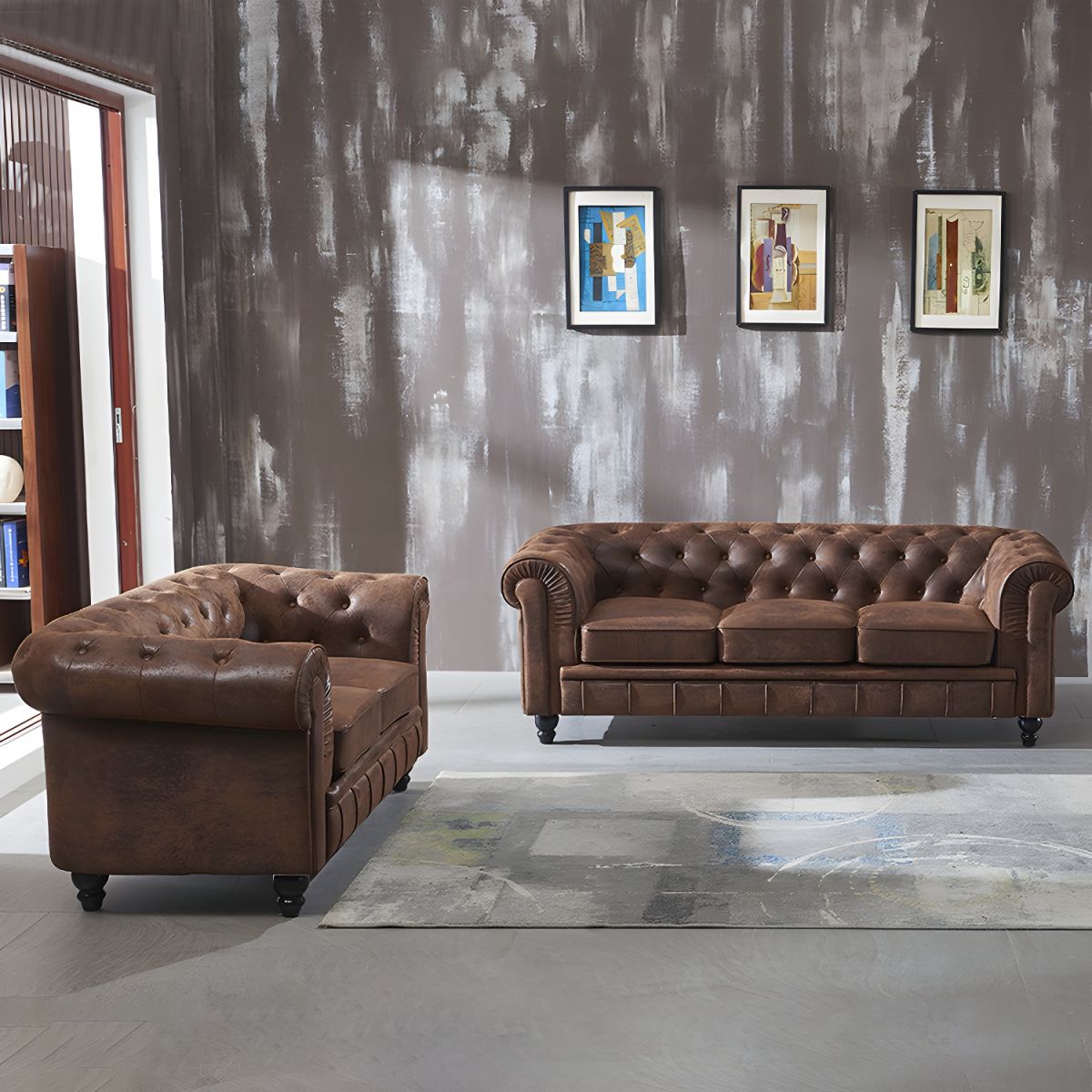 Chesterfield Dark Brown Sofa Apartment Tuxedo Arm Loveseat Genuine Leather Sofa