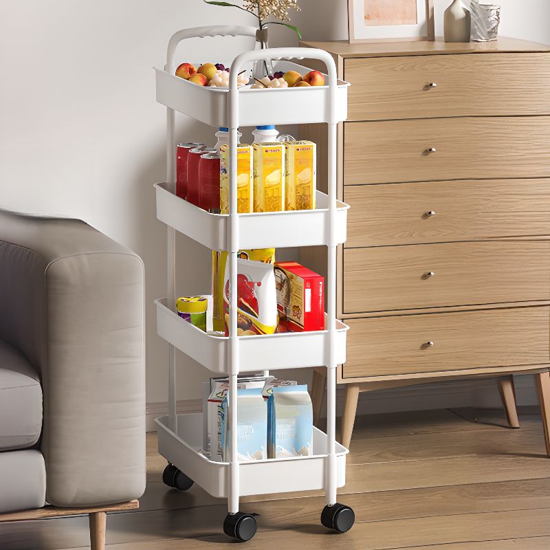 Modish Rectangle Portable Center with Wheels, Open Storage, Basket, 4/3 Baskets, and White Top