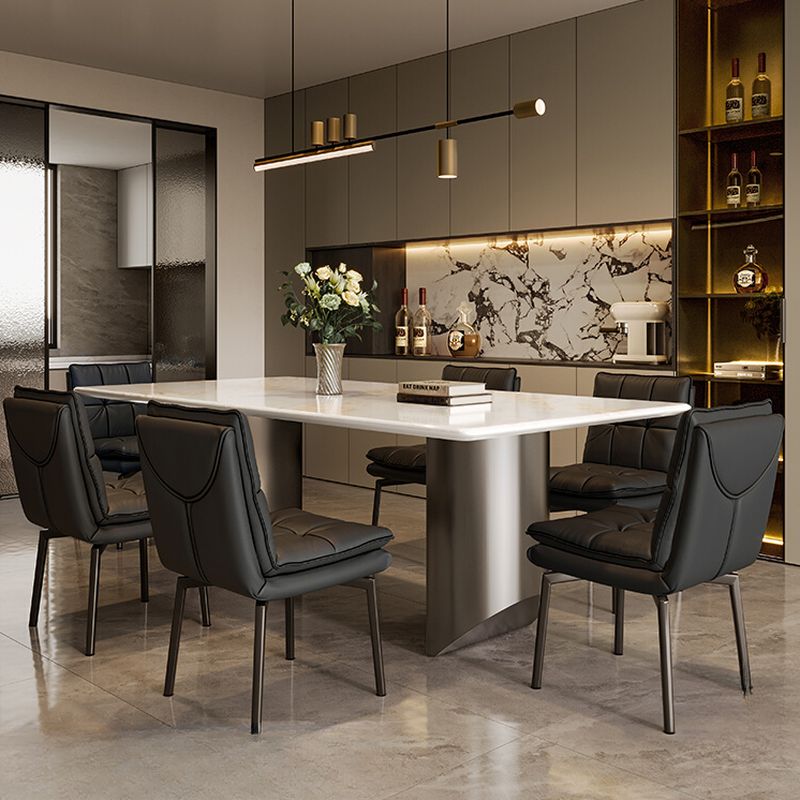 Modish Marble Effect Dining Table with Stainless Alloy Double Pedestal Base, Fixed Table, White Top, Thermal Resistant for 6-person Seat