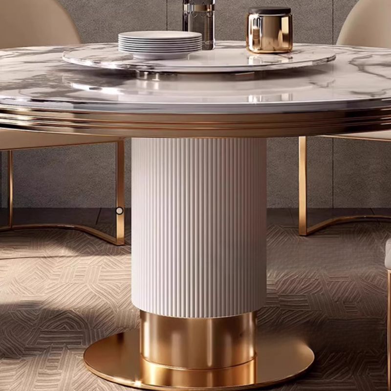 Glam Circular-shaped Dining Table with Antique Brass Pedestal Base, Turntable Mechanism, and Thermal Resistant Marble Slab for Seating 12/10/8
