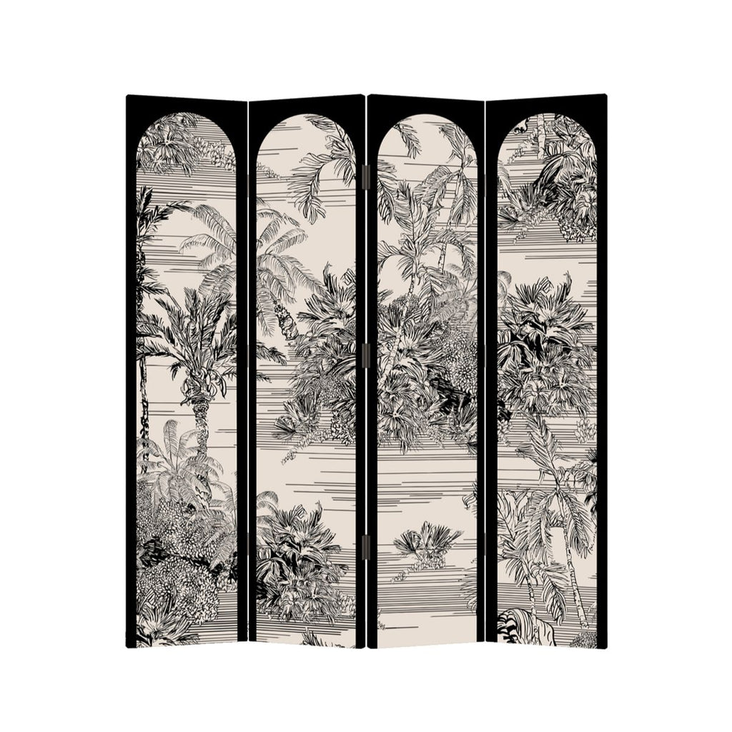 Matte Black Opaque Fold-up Screen Divider with Natural Wood Frame, 3/5/4 Panels, Double Sided Print, and Independent Design