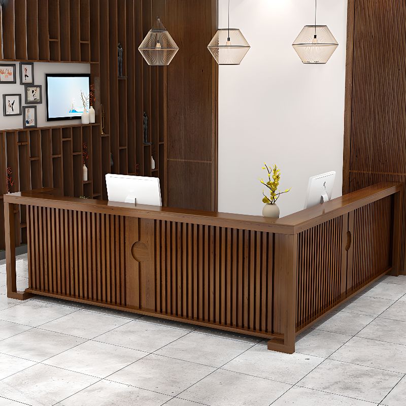 Rectangle Solid Wood Top Tan/Unfinished Color/Brown Reception Desk with Cupboard, Keyboard Tray & Filing Cabinet