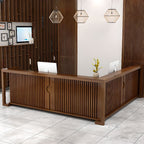 Rectangle Solid Wood Top Tan/Unfinished Color/Brown Reception Desk with Cupboard, Keyboard Tray & Filing Cabinet