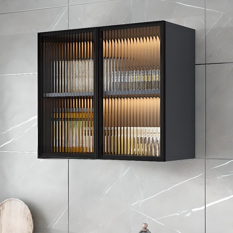 Glass Doors Solid Wood Wall Mount Display Stand with 2 Shelves for Small Kitchen in a Modish Style