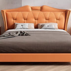 Trendy Wingback Headboard in Natural Wood with No Distressing, Camelback Shape for Queen/Full Bed, Featuring Sponge Upholstery and Standard Height