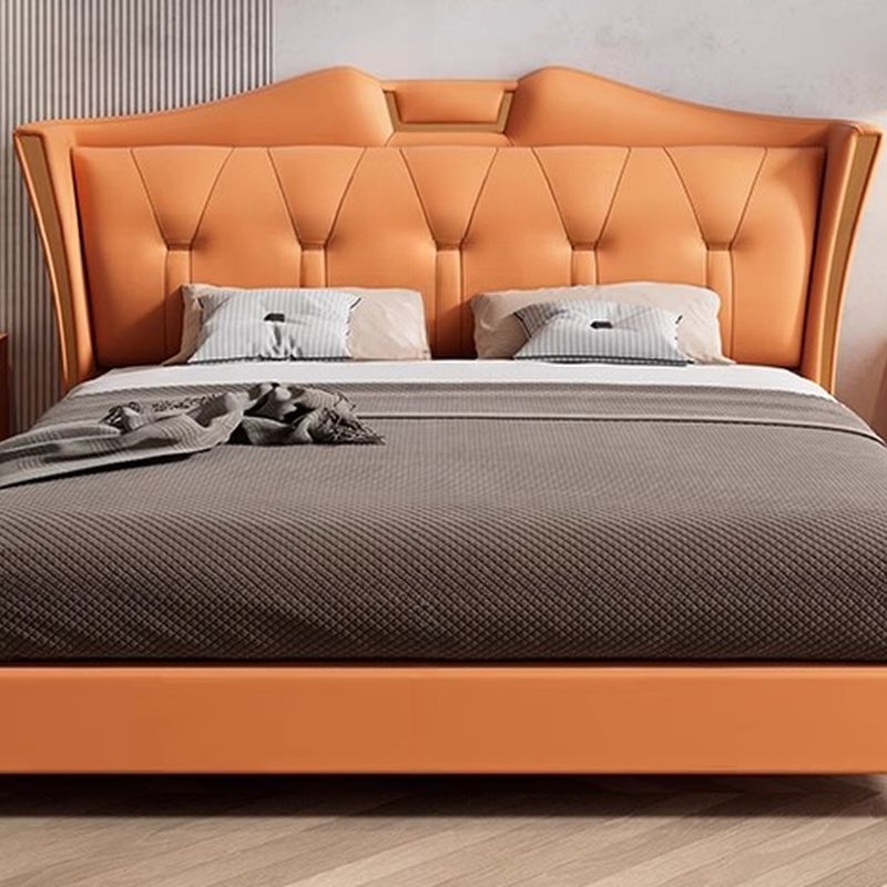 Trendy Wingback Headboard in Natural Wood with No Distressing, Camelback Shape for Queen/Full Bed, Featuring Sponge Upholstery and Standard Height