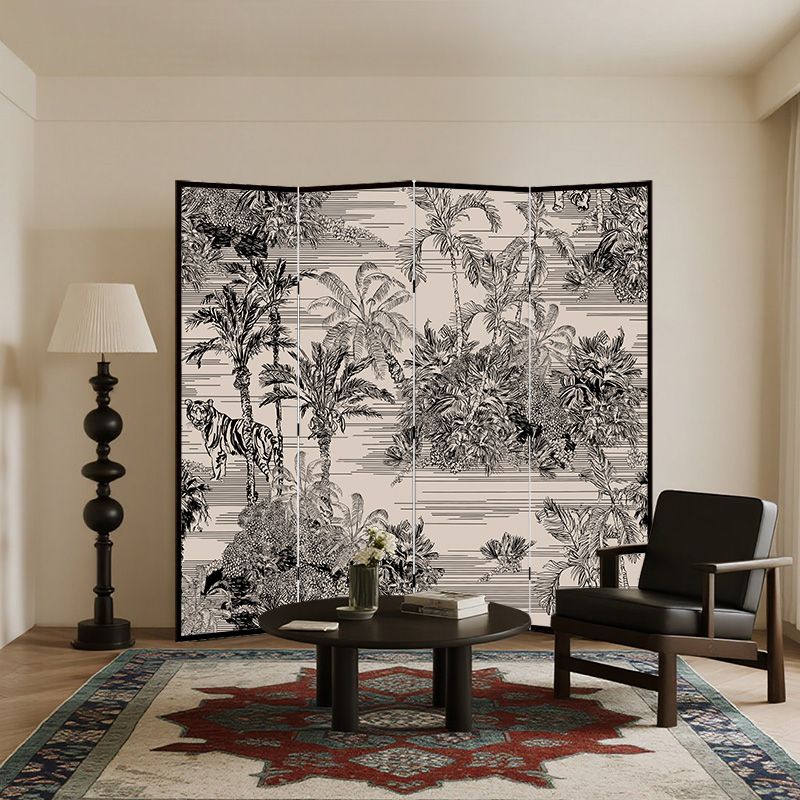 Screen Divider Minimalist Opaque Fold-up with Natural Wood Frame, 4 Panels, Double Sided Print, and Independent Design